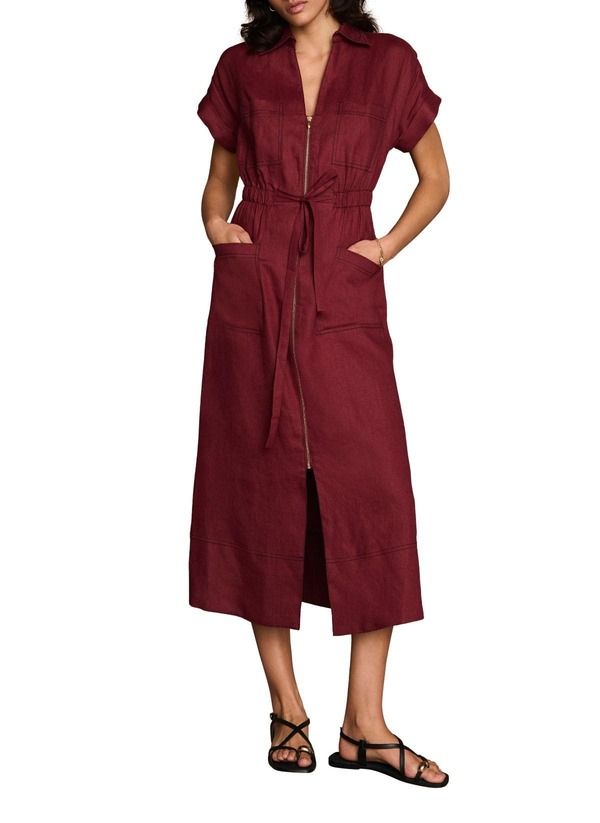 ミルトンベルベット レディース トップス ワンピース ミディ シャツ リネン MINT VELVET Linen Midi Shirt Dress Burgundy バーガンディ