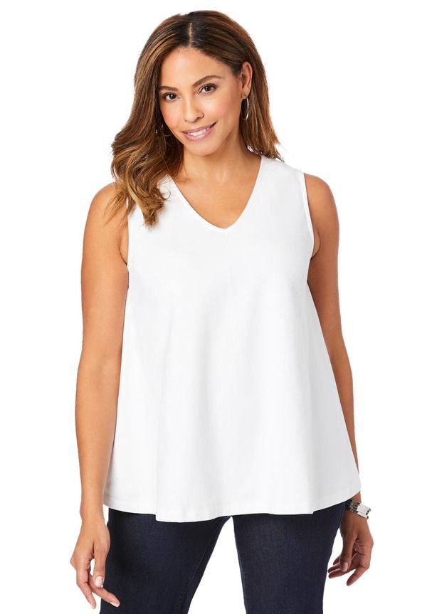 ジェシカロンドン レディース トップス シャツ Vネック コットン Jessica London Stretch Cotton VNeck Trapeze Tank White ホワイト