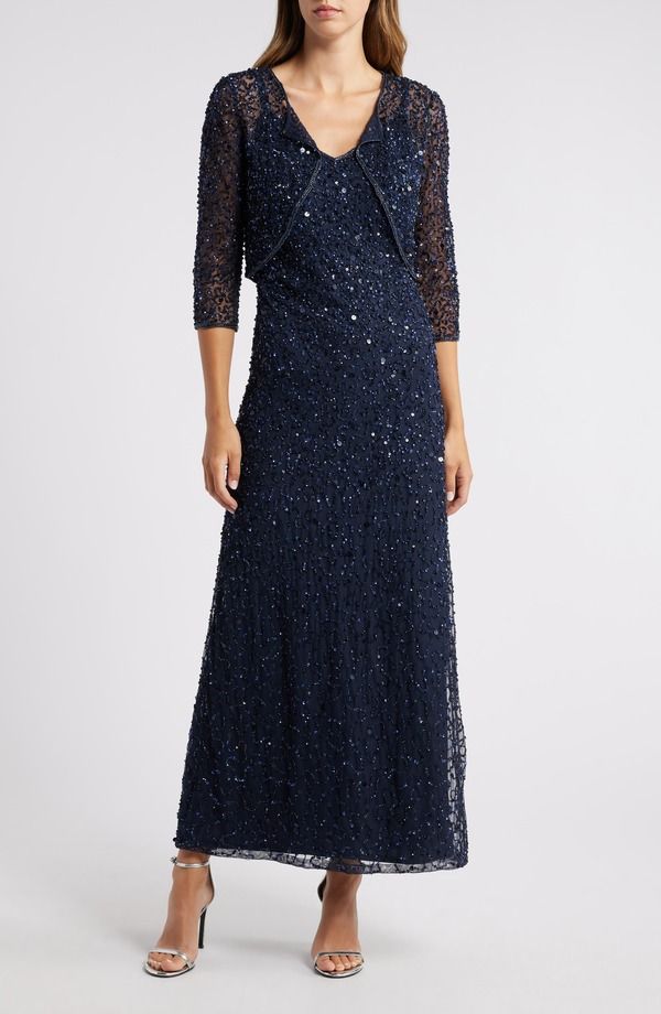 ピサッロナイツ レディース トップス ワンピースパンコール Pisarro Nights Beaded Sequin Gown with Bolero Navy ネイビー