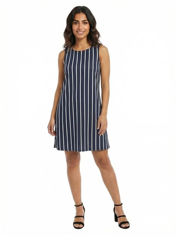 24 セブンコンフォート レディース トップス ワンピース A ライン プチ ミニ ノースリーブ 24seven Comfort Apparel Essential Petite Striped Round Neck Sleeveless ALine Mini