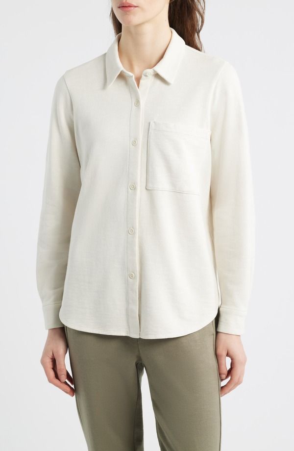 エイリーンフィッシャー レディース トップス シャツ パイル コットン Eileen Fisher Classicollar Organicotton French Terry ButtonUp Shirt Bone