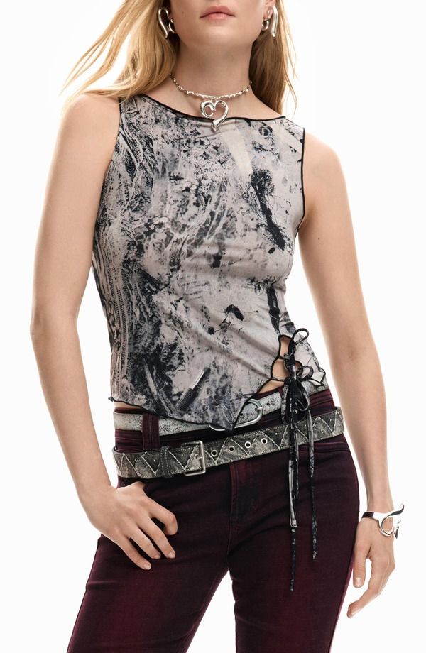 デジグアル レディース トップス シャツ ノースリーブ レース DesigualaceUp Side Sleeveless Top Gray グレー