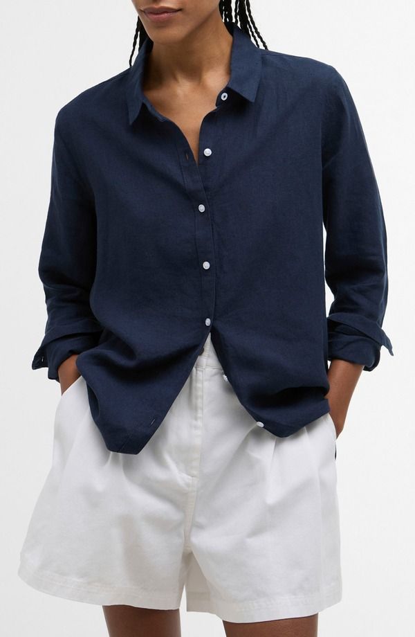 バブアー レディース トップス シャツ リネン Barbour Marine Linen ButtonUp Shirt Navy ネイビー