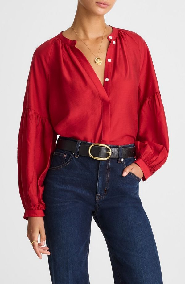 メイドウェル レディース トップス シャツ バルーンスリーブ Madewell Shirred Balloon Sleeve ButtonUp Top Crimson クリムゾン