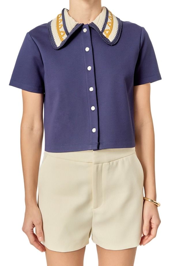 イングリッシュファクトリー レディース トップス シャツ English Factory Crochet Collar ButtonUp Top Navy ネイビー