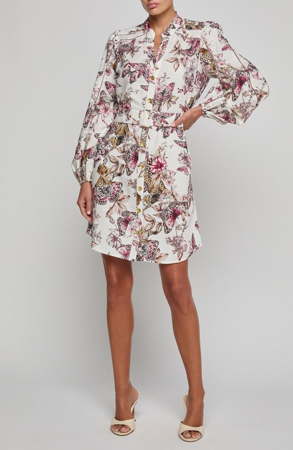 ラジャンス レディース トップス ワンピース フラワー柄 プリント シャツ リネン フラワー LAGENCE Kiersten Butterfly Floral Print Long Sleeve Linen Blend Shirtdress White Mu