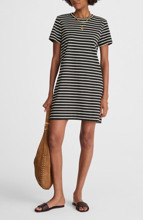 メイドウェル レディース ボトムス カジュアルパンツ ミニワンピース ミニ Tシャツ Madewell Stripe TShirt Minidress Dark Navy ネイビー