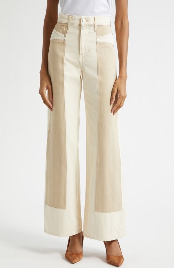 ヴェロニカ ベアード レディース ボトムス デニムパンツ ワイドレッグ ハイウエスト カラーブロック ジーンズ Veronica Beard Taylor High Waist Colorblock Wide Leg Jeans Ecru Stone Khak