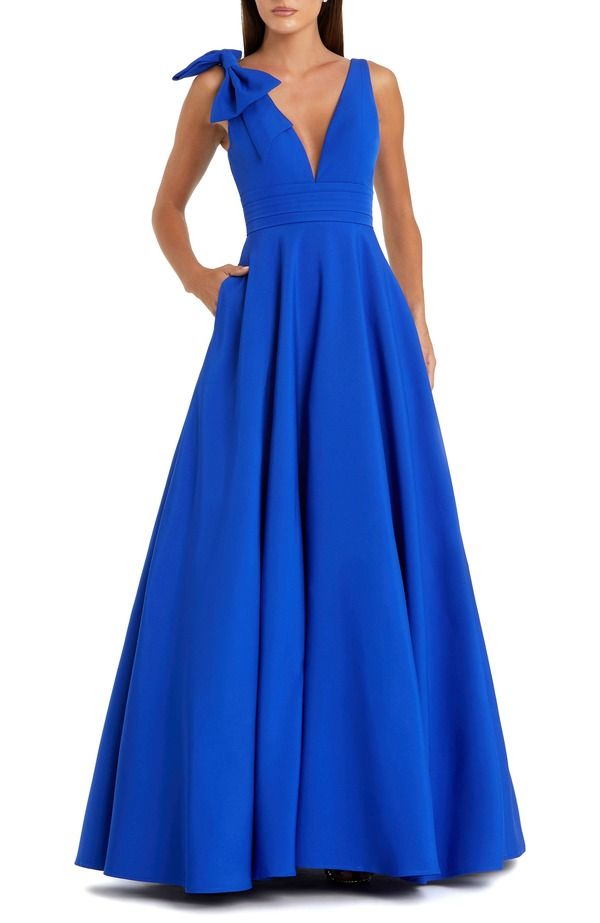 マックダガル レディース トップス ワンピース クレープ ノースリーブ Mac Duggal Womens Crepe Sleeveless Plunge Neck Ballgown With Bow Cobalt コバルト
