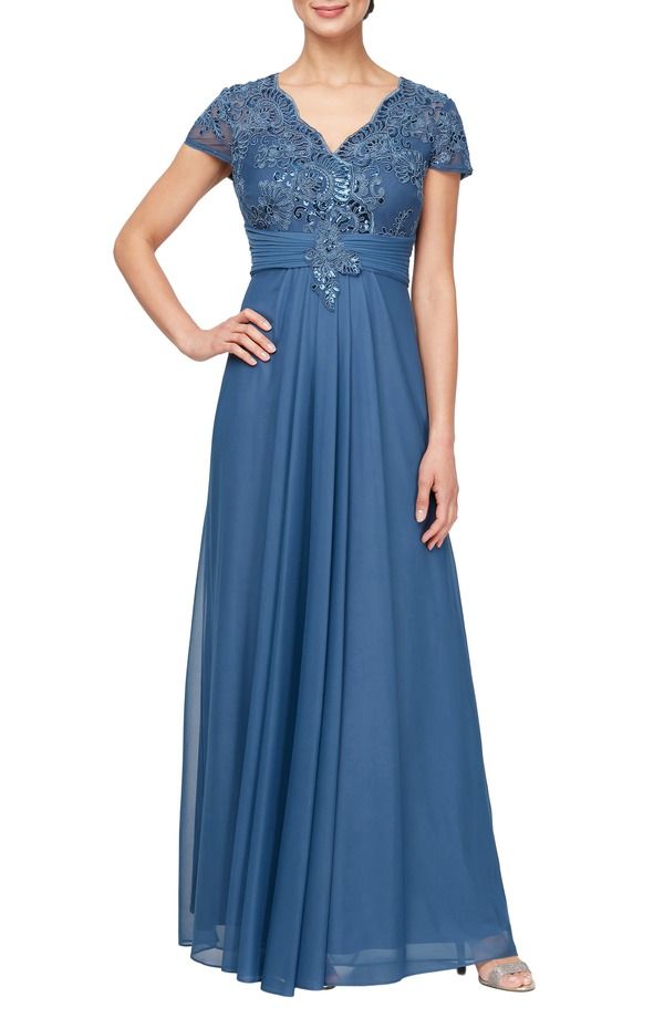 アレックスイブニングス レディース トップス ワンピース シフォン スパンコール レース Alex Evenings Lace Sequin Chiffon Gown Vintage Blue ブルー