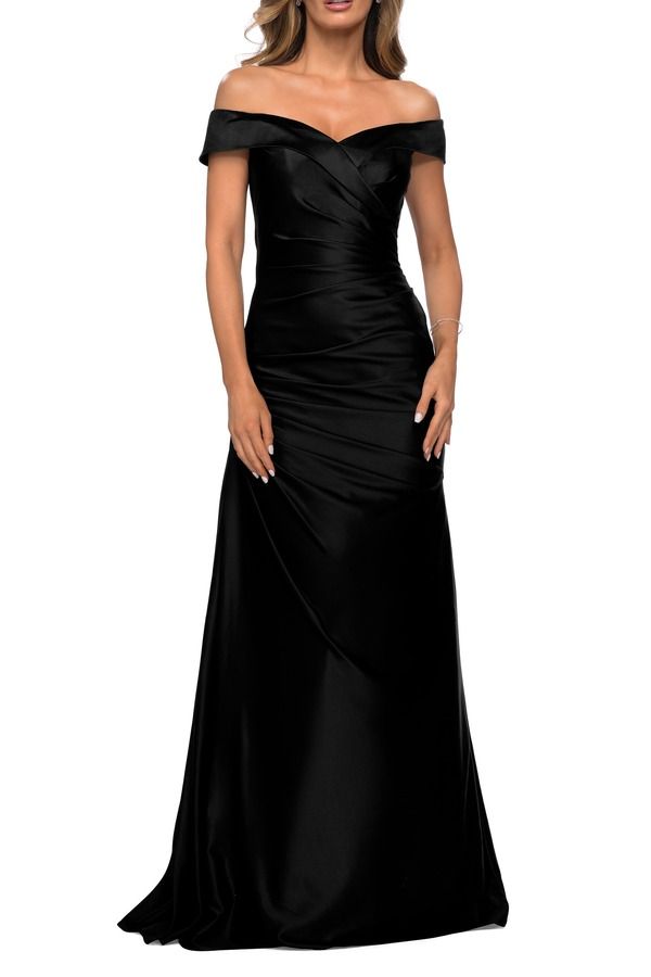 ラフェム レディース トップス ワンピース サテン La Femme Off the Shoulder Satin Evening Dress with Pleating Black ブラック