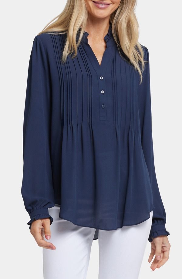 エヌワイディージェイ レディース トップス シャツ プリーツ ブラウス NYDJ Pleated Yoke Long Sleeve Peasant Blouse Oxford Navy ネイビー