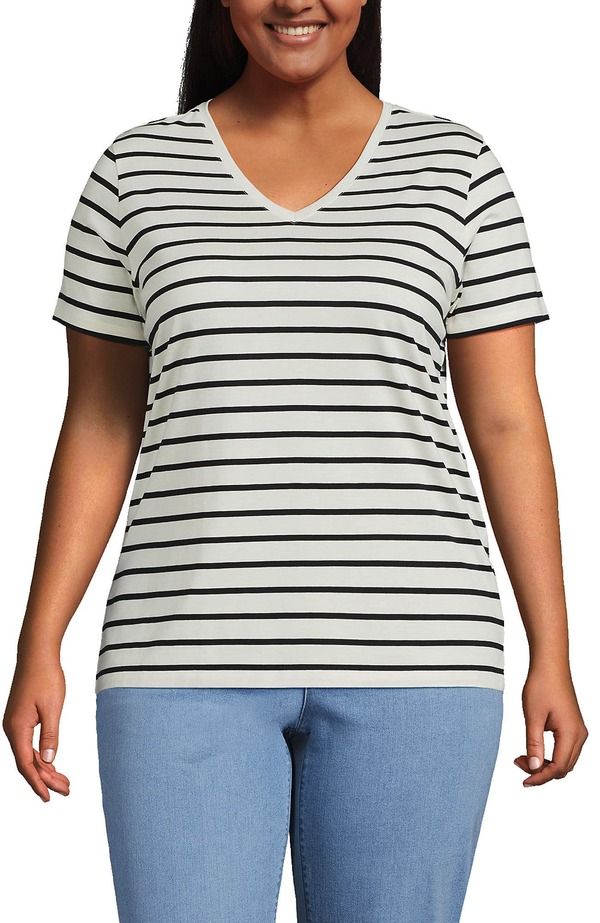 ランズエンド レディース トップス シャツ Vネック コットン Lands End Supima Cotton VNeck TShirt IvoryBlack Breton Stripe アイボリー 11,535円
