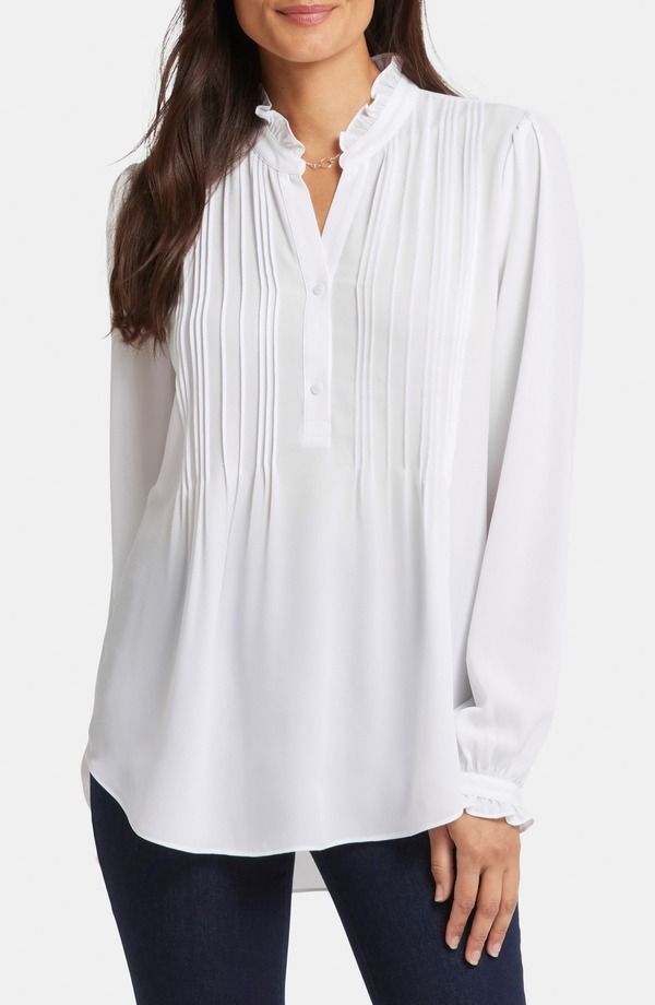 エヌワイディージェイ レディース トップス シャツ プリーツ ブラウス NYDJ Pleated Yoke Long Sleeve Peasant Blouse Optic White ホワイト