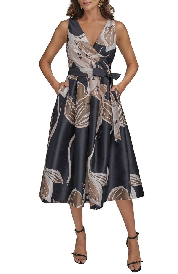 ダナ キャラン ニューヨーク レディース トップス ワンピース Donna Karanew York Faux Wrap Tie Waist Cocktail Dress BlackFawn Multi ブラック