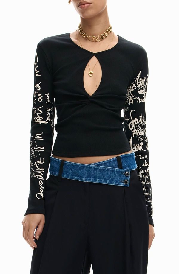 デジグアル レディース トップス シャツ カットアウト コットン グラフィック Desigual Cutout Long Sleeve Cotton Graphic TShirt Black ブラック