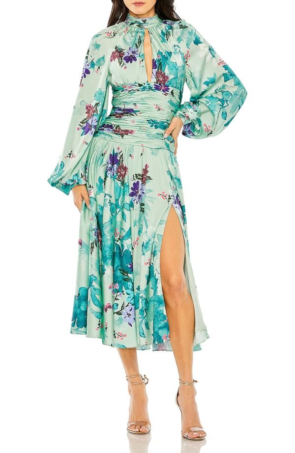 マックダガル レディース トップス ワンピース フラワー柄 プリント サテン フラワー Mac Duggal Floral Print Satin Long Sleeve Keyhole Gown Sage Multi セージ