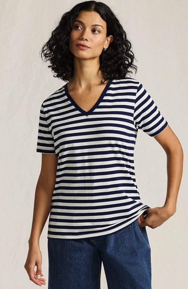 ランズエンド レディース トップス シャツ Vネック コットン Lands End Supima Cotton VNeck TShirt Deep Sea Navy Even Stripe ネイビー