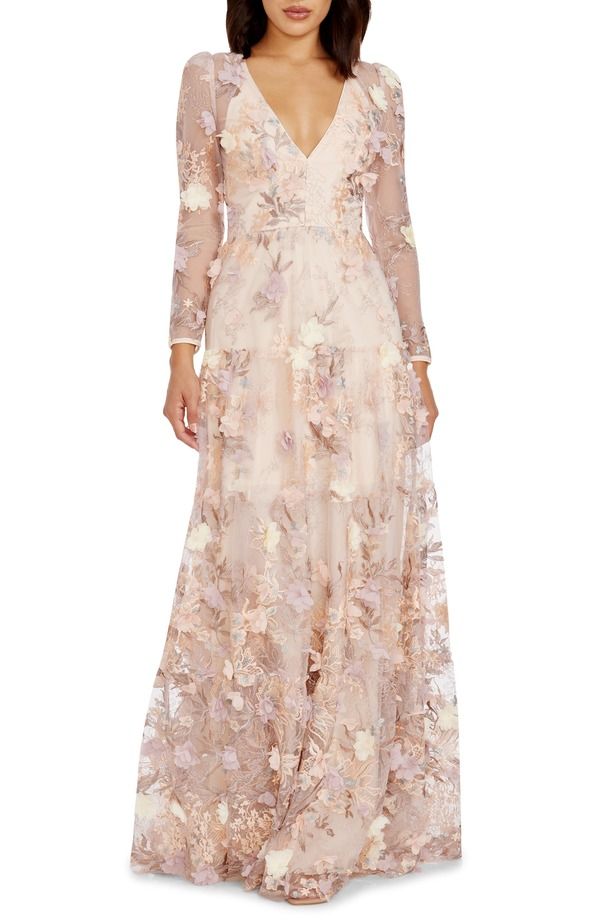 ドレスザポプレーション レディース トップス ワンピース フラワー柄 フラワー Dress the Population Angelina Floral Embroidery Long Sleeve Gown Creamulti クリーム
