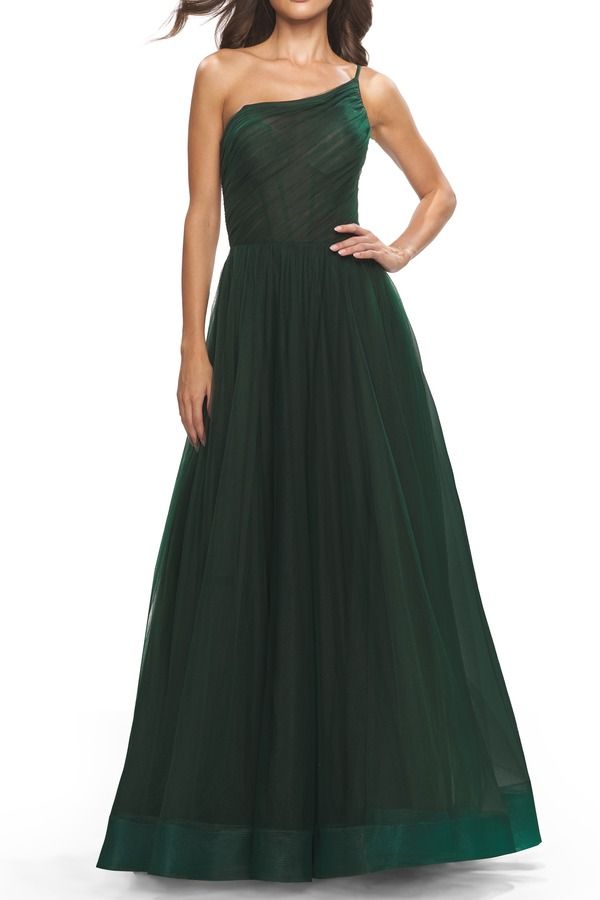 ラフェム レディース トップス ワンピース チュール A ライン シアー La Femme One Shoulder ALine Tulle Gown with Sheer Bodice Dark Emerald エメラルド