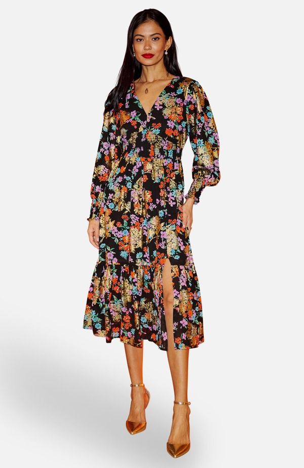 ユミキム レディース トップス ワンピース フラワー柄 ギャザー ミディ フラワー Yumi Floral And Foil Ruched Midi Dress Black ブラック