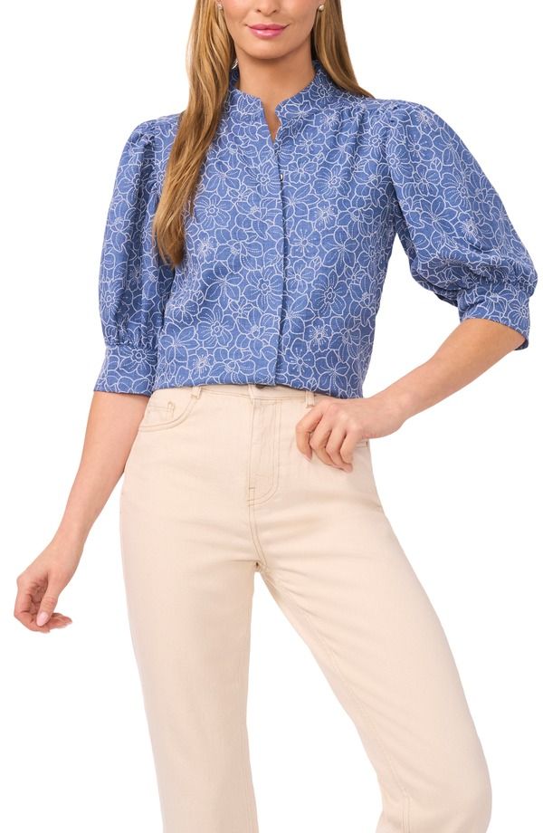 セセ レディース トップス シャツ CeCe Daisy Puff Sleeve Chambray ButtonUp Shirt Classic Navy ネイビー