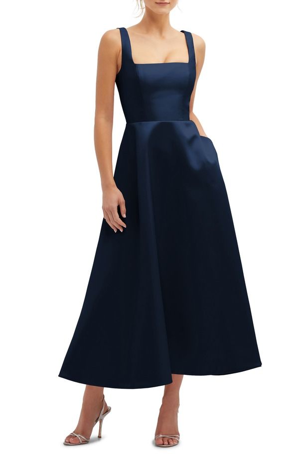 ドレッシーコレクション レディース トップス ワンピース ミディ Tシャツ Dessy Collection Square Neck Sateen Midi Gown Midnight 43,680円