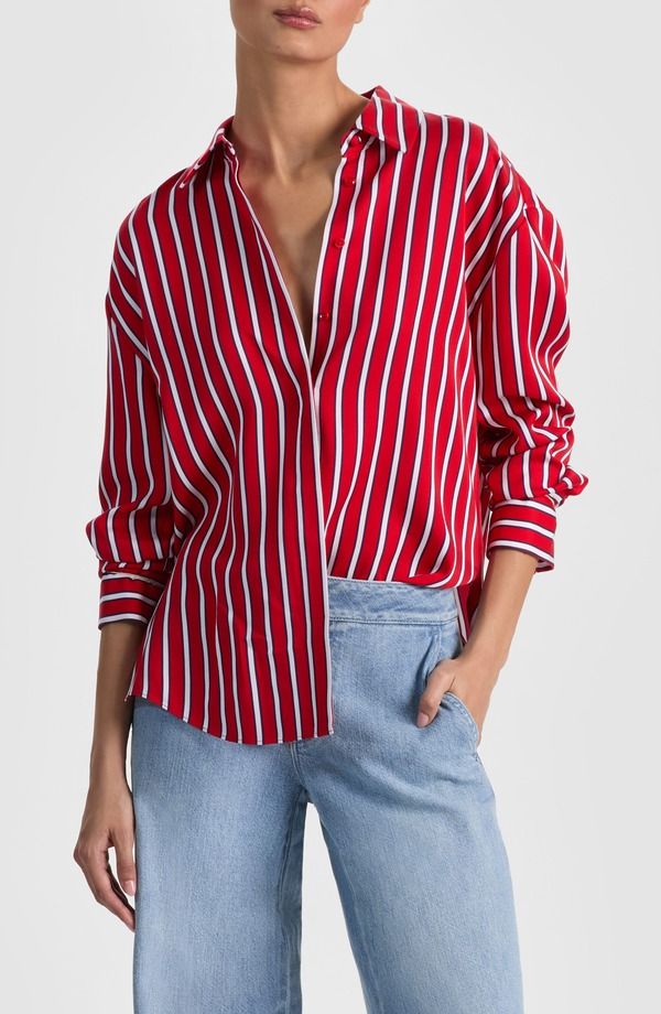 アリス アンド オリビア レディース トップス シャツ Alice Olivia Dimitra Oversize Stripe ButtonUp Shirteakwood Chili Pepper ストライプ