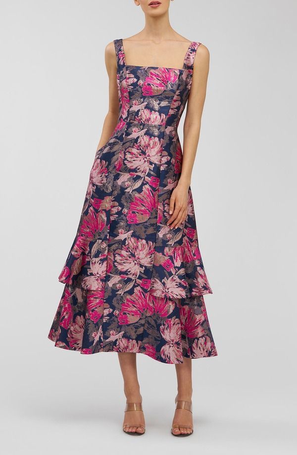 ケイ アンジャー レディース トップス ワンピース フラワー柄 トール フラワー Kay Unger Paige Metallic Floral Jacquard Cocktail Dress Blue Opal Multi ブルー