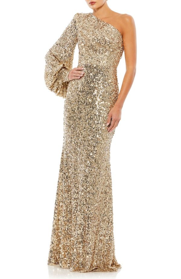 マックダガル レディース トップス ワンピースパンコール Mac Duggal Sequined One Shoulder Bishop Sleeve Trumpet Gown Gold ゴールド
