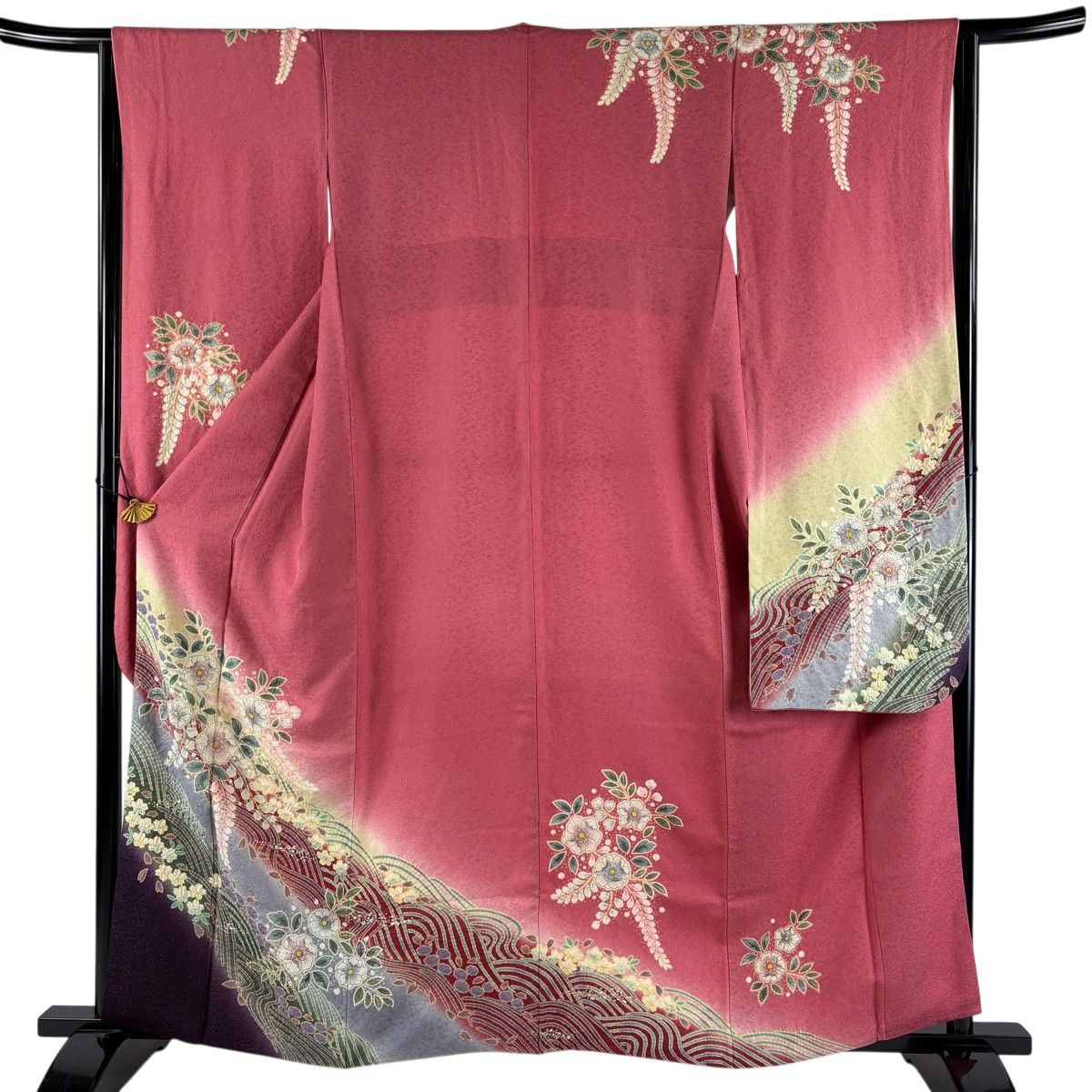振袖 身丈160cm 裄丈63.5cm S 袷 辻が花柄 波 絞り 金通し ピンク 正絹 名品 【中古】
