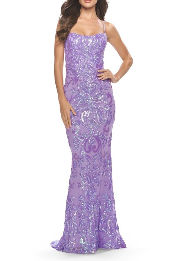 ラフェム レディース トップス ワンピース プリント スパンコール La Femme Print Sequin Gown with Square Neckline Lavender ラベンダー