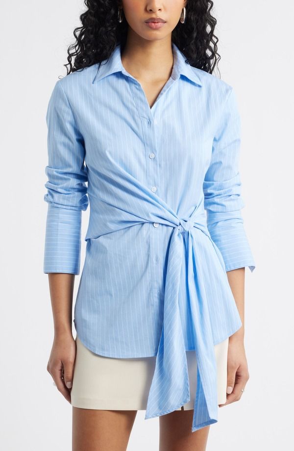 オープンエディット レディース トップス シャツ Open Edit Pinstripe ButtonUp Tie Waist Poplin Top Blue Ivory Vertical Pin アイボリー