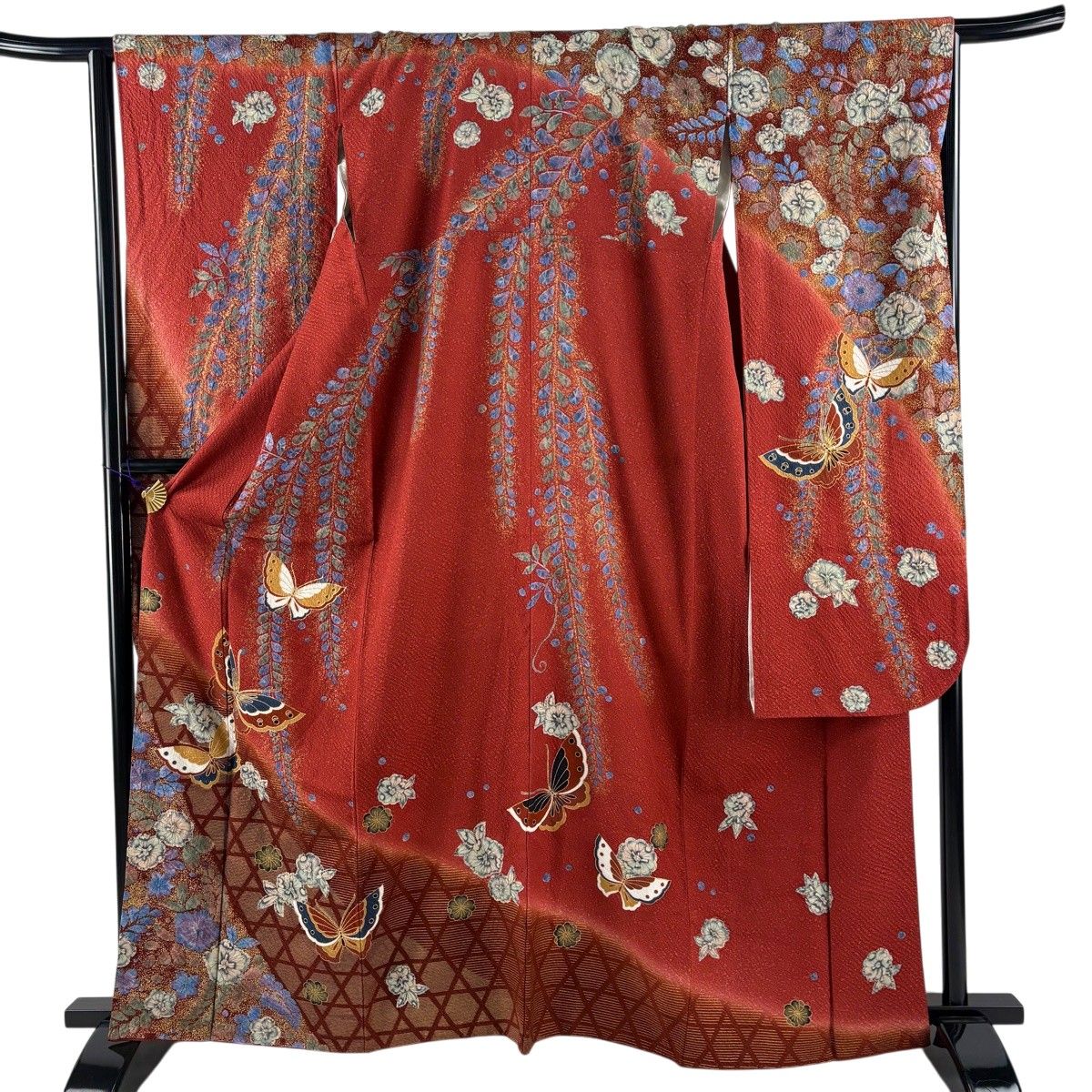 【美品】 振袖 身丈164cm 裄丈65cm M 袷 蝶 草花 金彩 ぼかし 赤茶 正絹 名品 【中古】