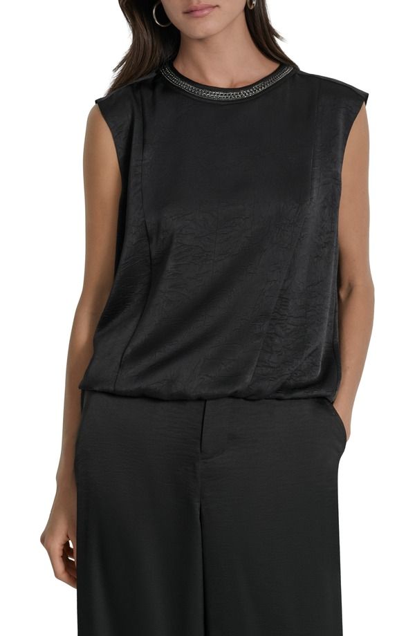 ダナ キャラン ニューヨーク レディース トップス シャツ サテン ノースリーブ DKNY Chain Sleeveless Crinkle Satin Top Black ブラック