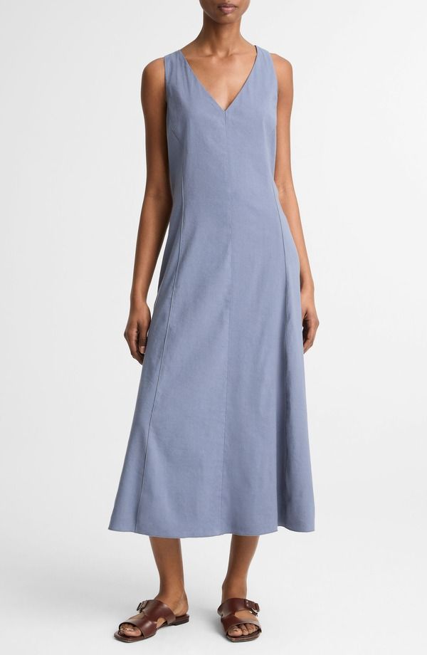 ヴィンス レディース ボトムス カジュアルパンツ マキシワンピース ノースリーブ リネン マキシ Vince Tie Back Sleeveless Linen Blend Maxi Dress Azul