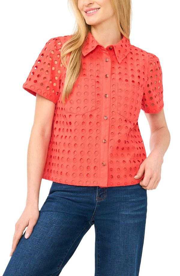 セセ レディース トップス シャツ コットン CeCe Cotton Eyelet ButtonUp Shirt Cayenne