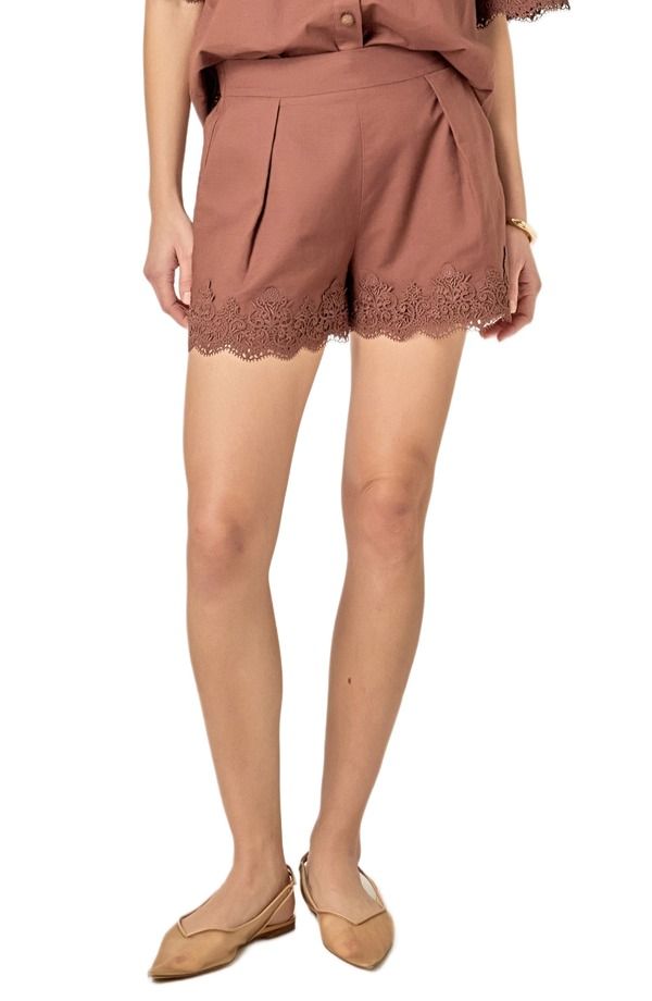 イングリッシュファクトリー レディース ボトムス ハーフパンツ・ショーツ レーストリム ショートパンツ コットン レース リネン English Factory Lace Trim Linen Cotton Shorts Chocolate Brown ブラウ