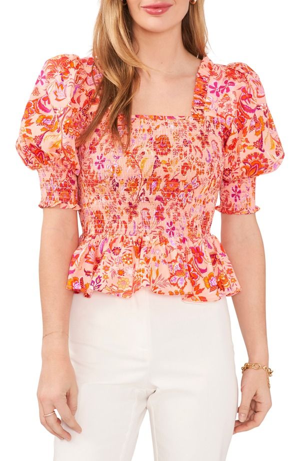 チャウス レディース トップス シャツ シャーリング ブラウス Chausmocked Puff Sleeve Blouse PeachPinkOrange ピンク