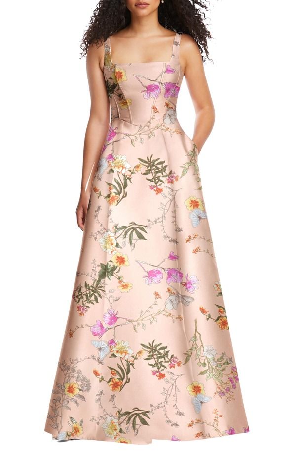 アルフレッド レディース トップス ワンピース フラワー柄 サテン フラワー Alfred Sung Floral Corset Satin Gown Butterfly BotanicaPink Sand ピンク