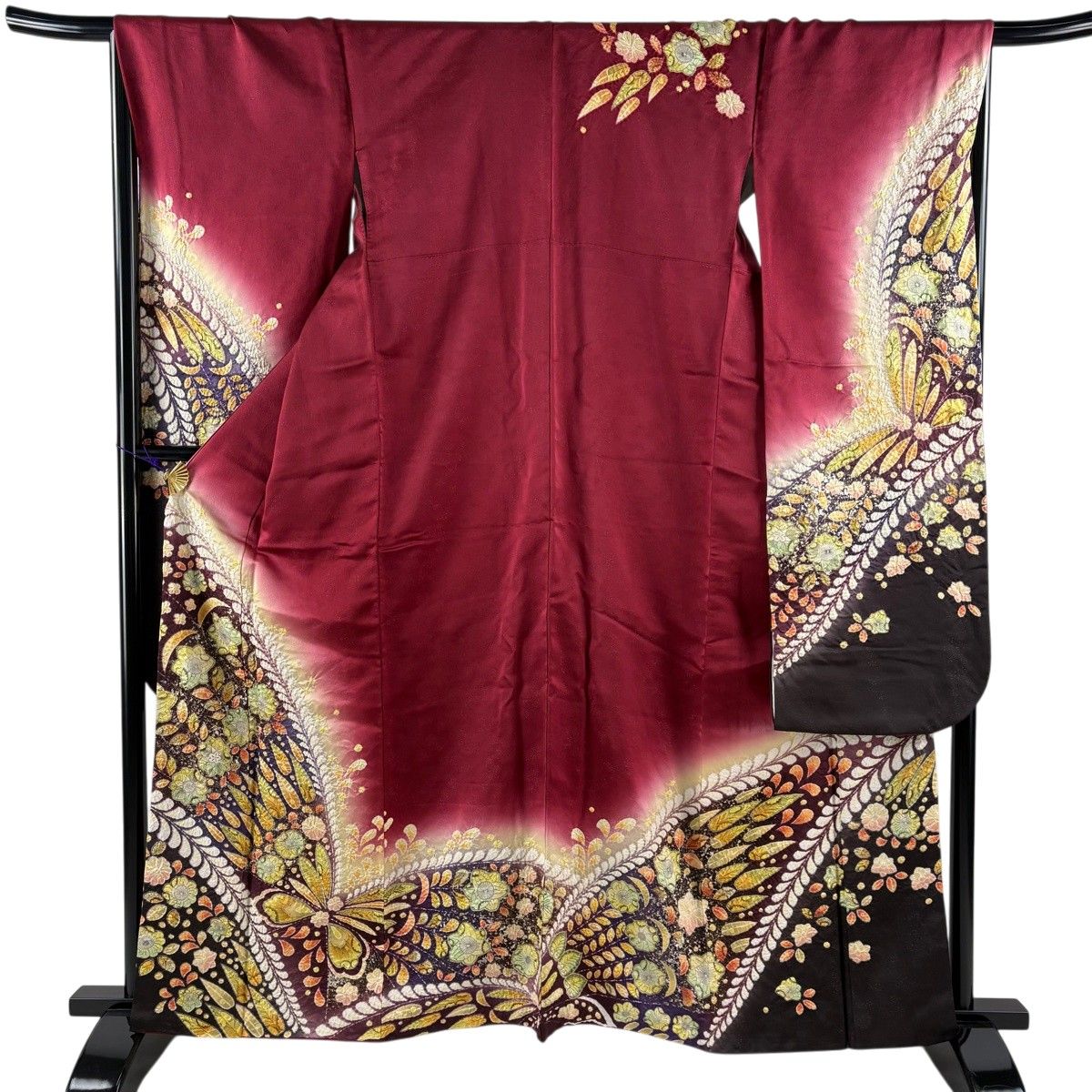【美品】 振袖 身丈162cm 裄丈67cm M 袷 辻が花柄 銀通し 絞り えんじ色 正絹 名品 【中古】