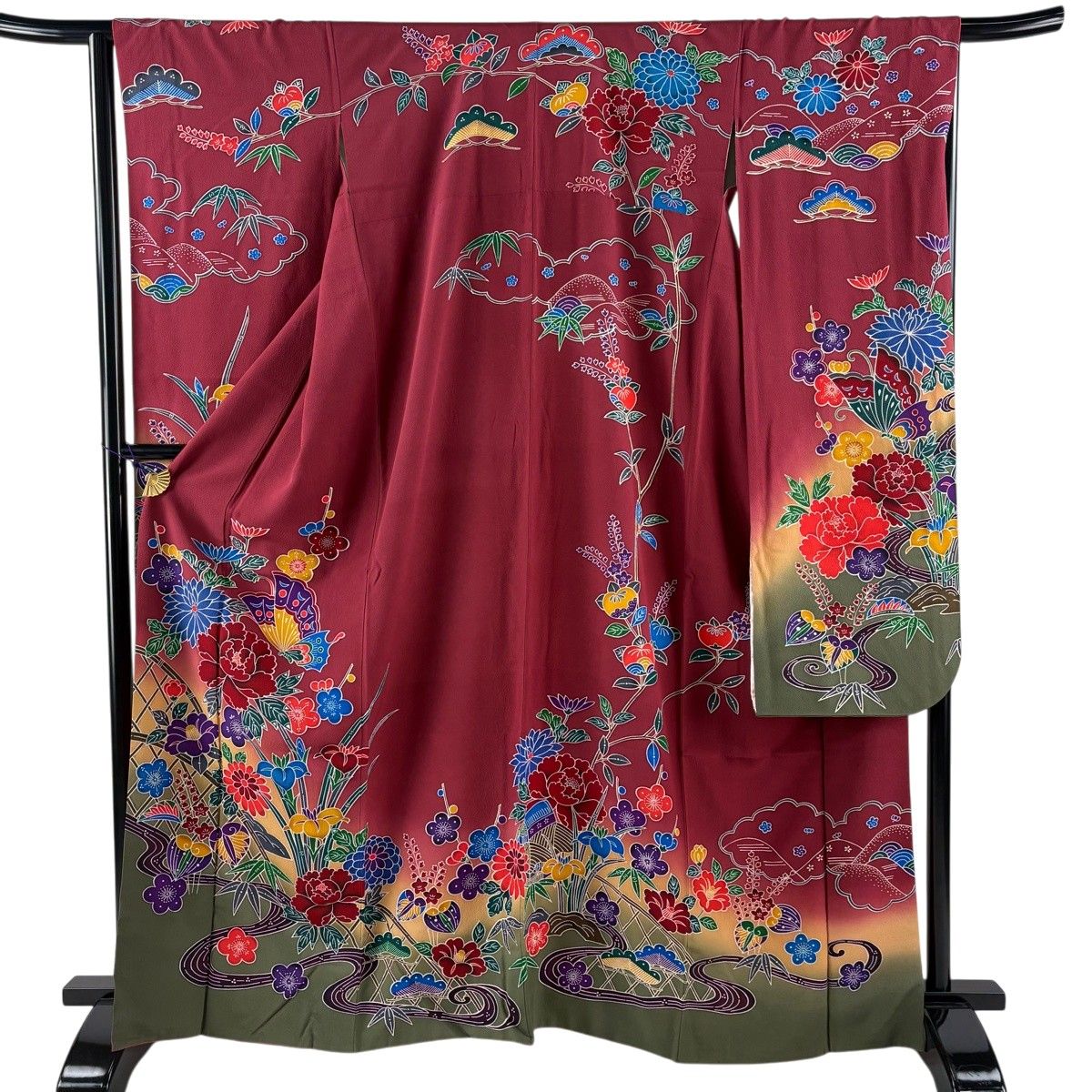 振袖 身丈164cm 裄丈64cm M 袷 草花 蝶 染め分け えんじ色 正絹 名品 【中古】