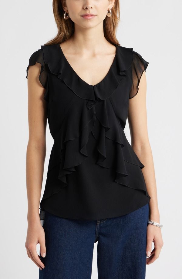 オープンエディット レディース トップス シャツ シフォン フリル Open Edit Chiffon Ruffle Top Black ブラック