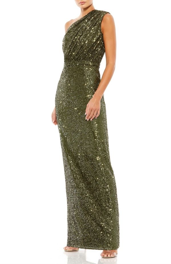 マックダガル レディース トップス ワンピース ギャザー スパンコール Mac Duggal Women s One Shoulderuched Sequin Eveningown Olive オリーブ