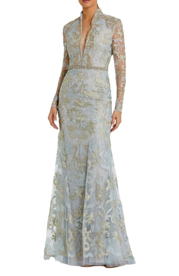 マックダガル レディース トップス ワンピース Vネック Mac Duggalong Sleeve Applique VNeck Gown Powder Blue ブルー