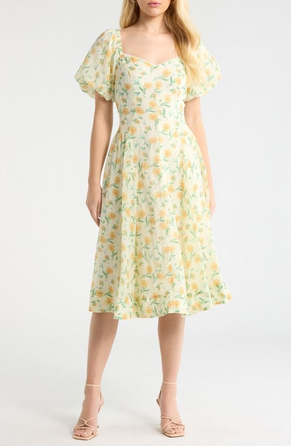 アストール レディース トップス ワンピース ミディ ASTR the Label Mayra Puff Sleeve Midi Dress Yellow Multi Floral イエロー