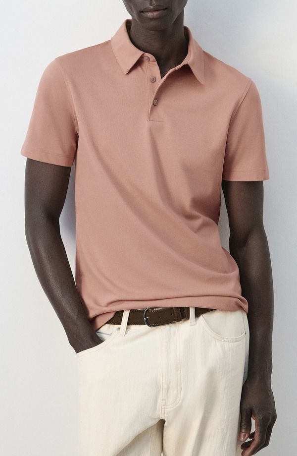 マンゴ メンズ トップス ポロシャツ スリムフィット コットン MANGO Slim Fit Stretch Cotton Blend Piqu Polo Peach ピーチ