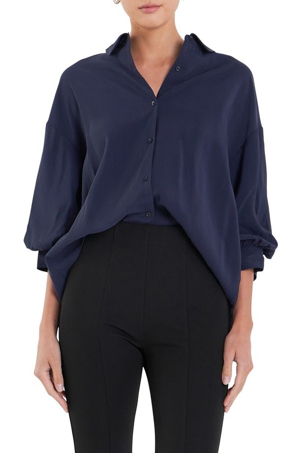 イングリッシュファクトリー レディース トップス シャツ バルーンスリーブ English Factory Balloon Sleeve ButtonUp Shirt Navy ネイビー