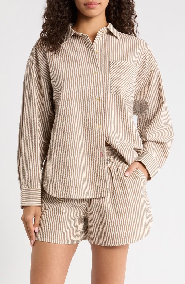 マリーン レイヤー レディース トップス シャツ コットン Marine Layer Gracey Stripe Oversize Cotton Kapok Seersucker ButtonUp Shirt Mocha Stripe モカ
