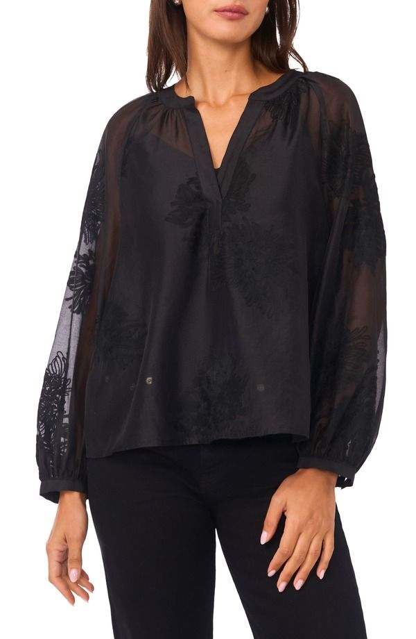 ヴィンスカムート レディース トップス シャツ メッシュ Vince Camuto Long Sleeve Meshirt Rich Black ブラック